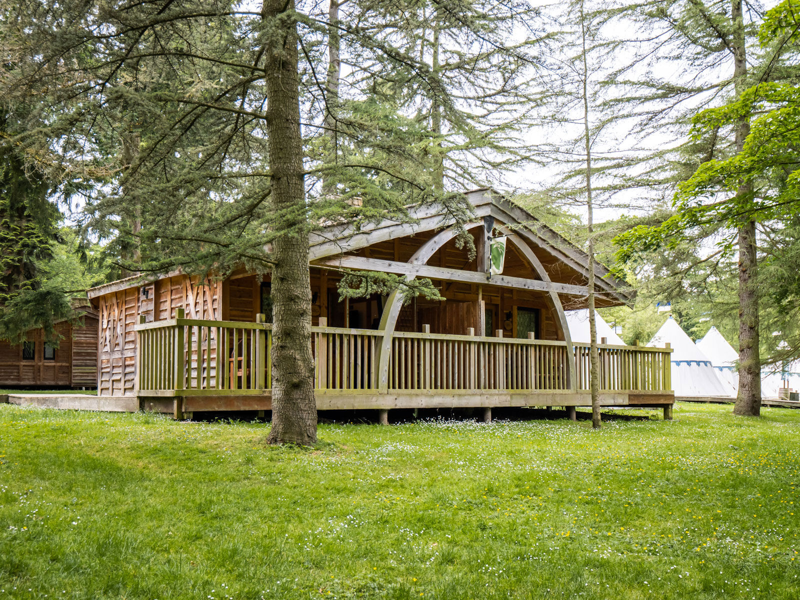 Warwick Castle Knight's Village woodland lodges nestled among trees alongside the River Avon
